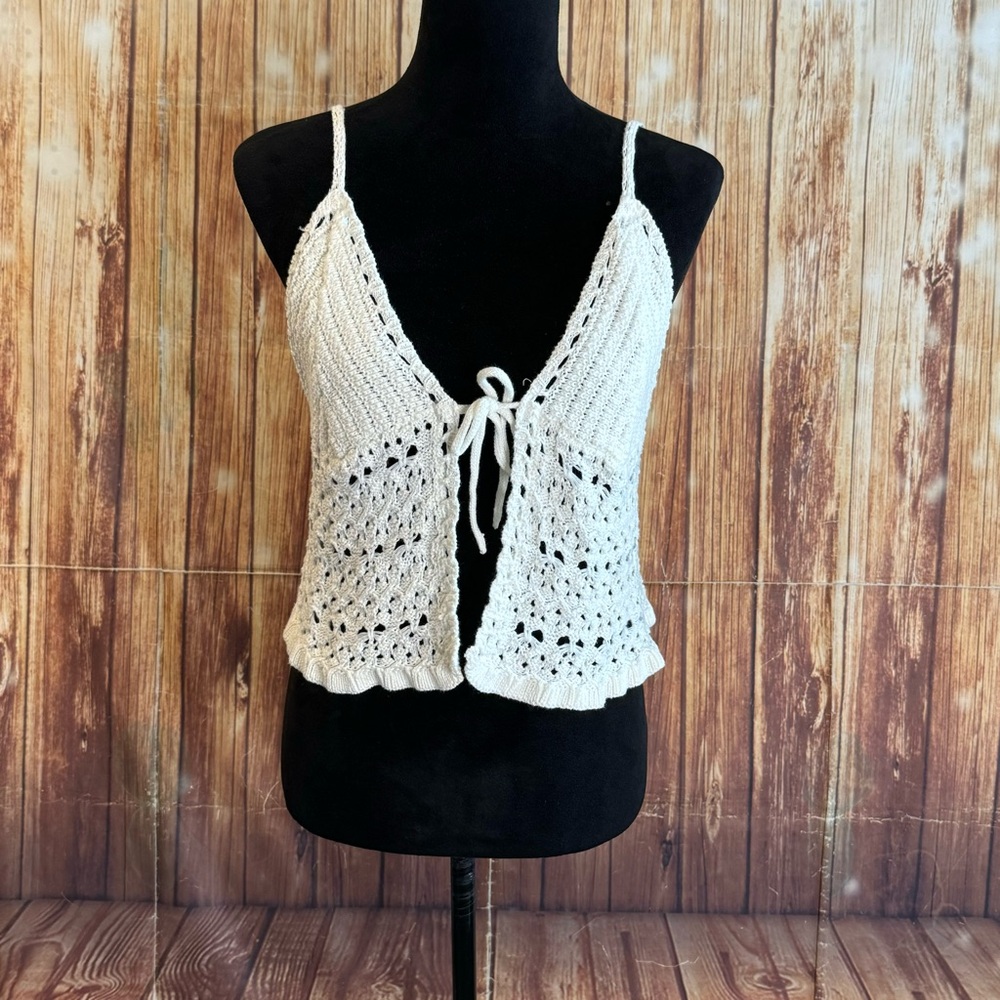 Agua Blues Women’s Crochet Knit Tie Front Tank Top Ivory White 100% Cotton XL